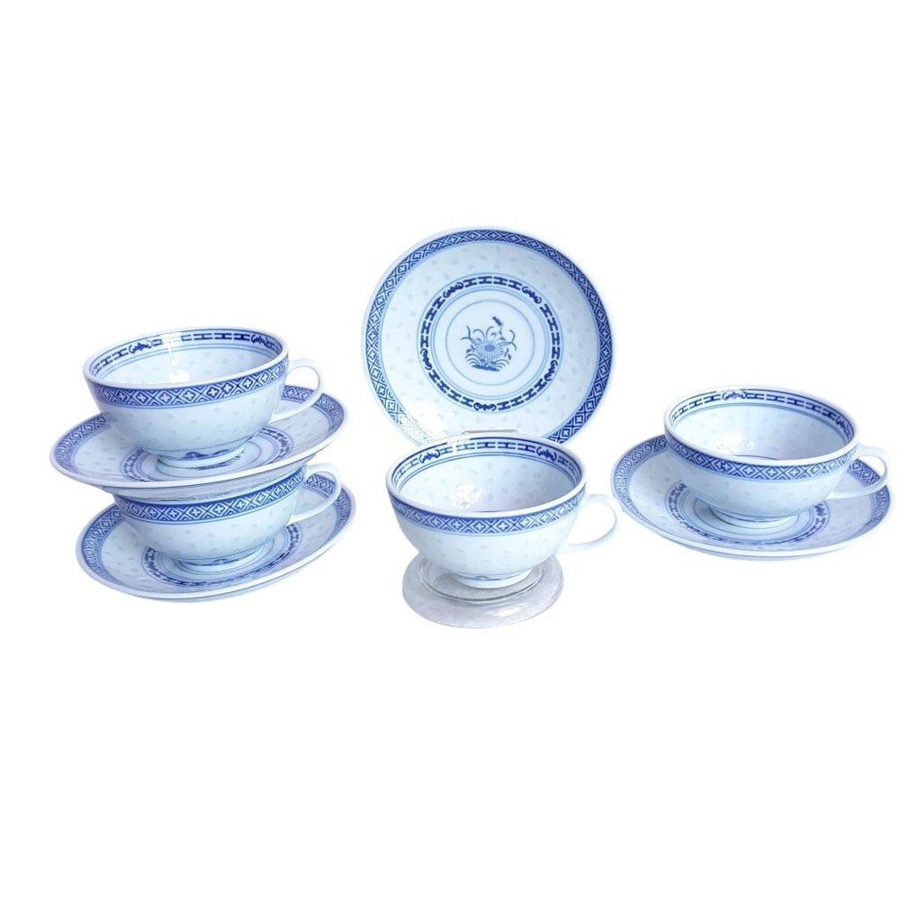 4 TIENSHAN Chrysanthemum Rice Grains Pattern Blue and White Bread/Butter Plates